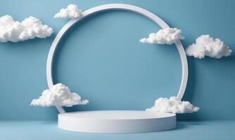 3d render blue background with white clouds flying in front of circle shape photo