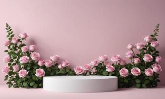 Podium background flower rose product pink 3d spring table beauty stand display nature white photo