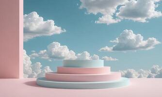 pastel color Plinth stage with Clouds. Podium background for Product display photo