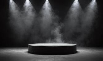Podium black dark smoke background product platform abstract stage texture fog spotlight photo