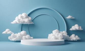 3d render blue background with white clouds flying in front of circle shape photo
