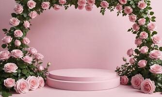 Podium background flower rose product pink 3d spring table beauty stand display nature white photo