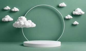 3d render green background with white clouds flying in front of circle shape photo