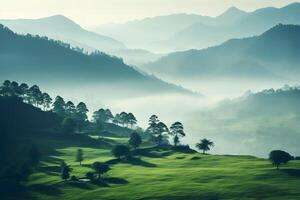 fog layer the hills and green hill scene Trees, mountain peak, Generated AI photo