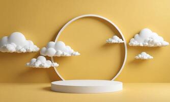 3d render yellow background with white clouds flying in front of circle shape photo