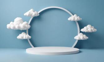 3d render blue background with white clouds flying in front of circle shape photo