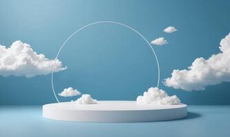 3d render blue background with white clouds flying in front of circle shape photo