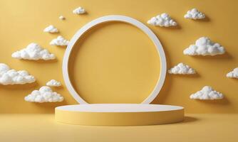 3d render yellow background with white clouds flying in front of circle shape photo