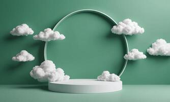3d render green background with white clouds flying in front of circle shape photo