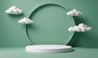 3d render green background with white clouds flying in front of circle shape photo