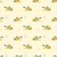 Seamless Pattern with Cartoon Crocodile Face Design on Light Yellow Background vector