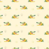 Seamless Pattern with Cartoon Crocodile Face Design on Light Yellow Background vector