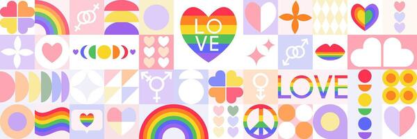 Abstract horizontal banner for Pride Month. Icons with LGBT symbols, heart, rainbow, geometric shapes. Design for background, wallpaper, advertising, cover. Bauhaus style. vector