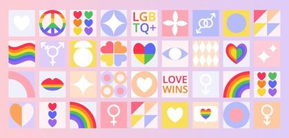 Geometric mosaic Pride Month pattern on gradient backdrop. Icons with LGBT symbols, hearts, rainbow, flag. Trendy design for banner, card, cover, poster, advertising, wallpaper, packaging. vector