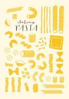 Big set of Italian pasta. Different types of Italian pasta. Spaghetti, Farfalle, penne, rigatoni, ravioli, fusilli,conchiglie, elbows, rotelle, orzo, paccheri illustration. vector