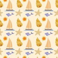 Starfish, boat and seashell seamless beach pattern vector