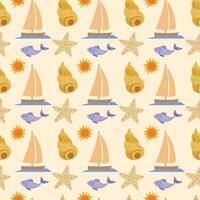 Starfish, boat and seashell seamless beach pattern vector