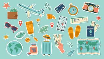Travel stickers set. Travel concept. Set of travel objects isolated on blue. Hand drawn flat illustration. vector