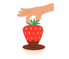 Strawberry in chocolate fondue snack. Flat illustration isolated on white background vector