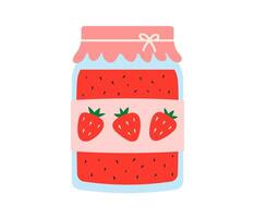 Strawberry jam. Glass jar of preserved berry jam, berry confiture in bottle. Flat illustration isolated on white background vector