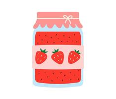 Strawberry jam. Glass jar of preserved berry jam, berry confiture in bottle. Flat illustration isolated on white background vector