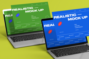 Mockup device laptop with realistic multiscreen display psd