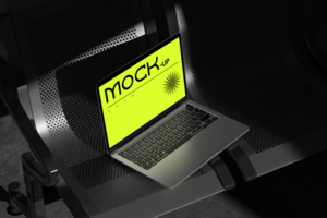 Device laptop mockup on chair scene with dark background psd