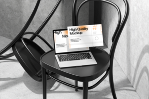 Realistic laptop mockup on the chair with multiple screen and shadow background psd