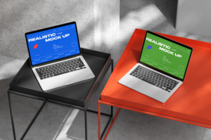 Laptop mockup on the desk with wall background and realistic shadow psd