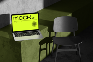 Laptop 3d device mockup on concrete scene and realistic chair scene psd