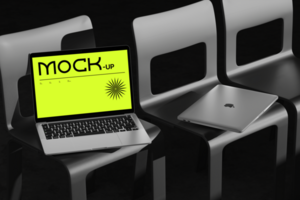 Laptop mockup with realistic scene on the chair background psd