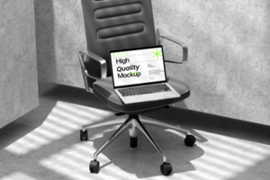 Laptop and keyboard mockup on the chair with realistic shadow psd
