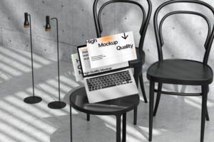 Editable laptop mockup with multiple screen on the chair and concrete background design psd