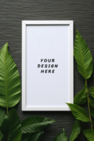 Photo frame mockup on black background with leaves psd