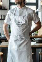 blanco delantal Bosquejo con masculino modelo en el cocina psd