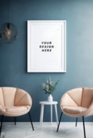 Photo frame mockup on the blue wall with chairs psd