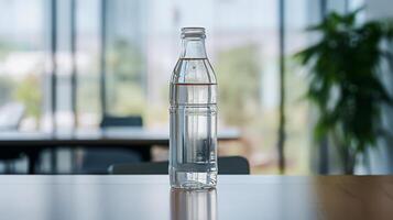 Transparent water bottle on table indoors photo