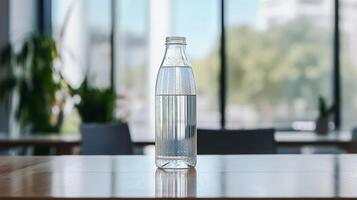 Transparent water bottle on table indoors. High quality photo