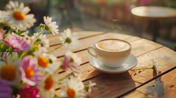 Cup of coffee on wooden table among flowers and sunlight. High quality photo