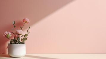 Podium white with flowers in vase on pink background with light on side. High quality photo