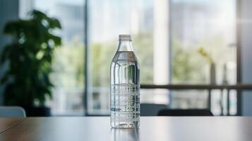 Transparent water bottle on table indoors. High quality photo