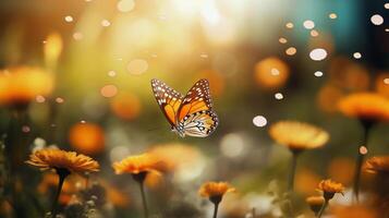 Summer background in bright yellow orange tones with flowers and butterfly photo