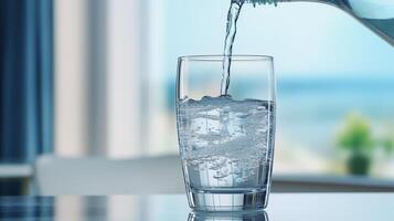 verter agua dentro un transparente vaso ese soportes en el mesa foto