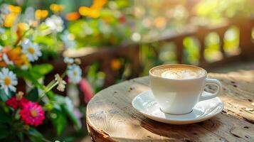 Cup of coffee on wooden table among flowers and sunlight. High quality photo