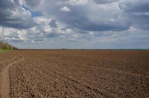 A ploughed field for planting, a dark sky with light gaps. minimalism photo