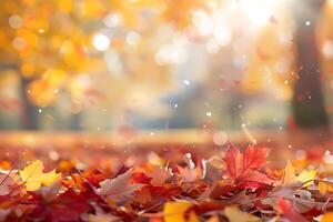 Defocused colorful bright autumn ultra wide panoramic background with blurry red yellow and orange autumn leaves in the park photo