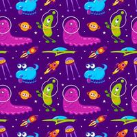 Cute space cartoon monsters. Aliens. Bright multi-colored rockets in space. Galaxy, dreams, universe. Space travel. Hand drawn childish Seamless pattern. vector