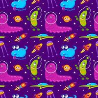 Cute space cartoon monsters. Aliens. Bright multi-colored rockets in space. Galaxy, dreams, universe. Space travel. Hand drawn childish Seamless pattern. vector