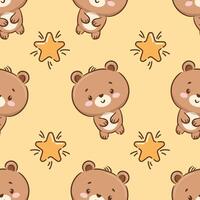 Cute teddy bear and stars. Seamless pattern in Asian kawaii style. Cartoon character. Funny illustration for wallpaper, fabric, wrapping, background. vector