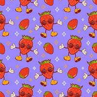 Hello summer. Cool strawberry in sunglasses, a cute retro cartoon character. Groovy, vintage. Trendy old style. Seamless pattern for wallpaper, fabric, wrapping, background. vector